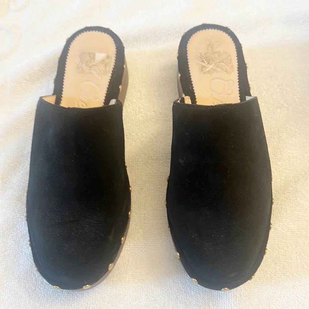 J.Crew Dakota Black Suede Gold mules clogs shoes women size 5